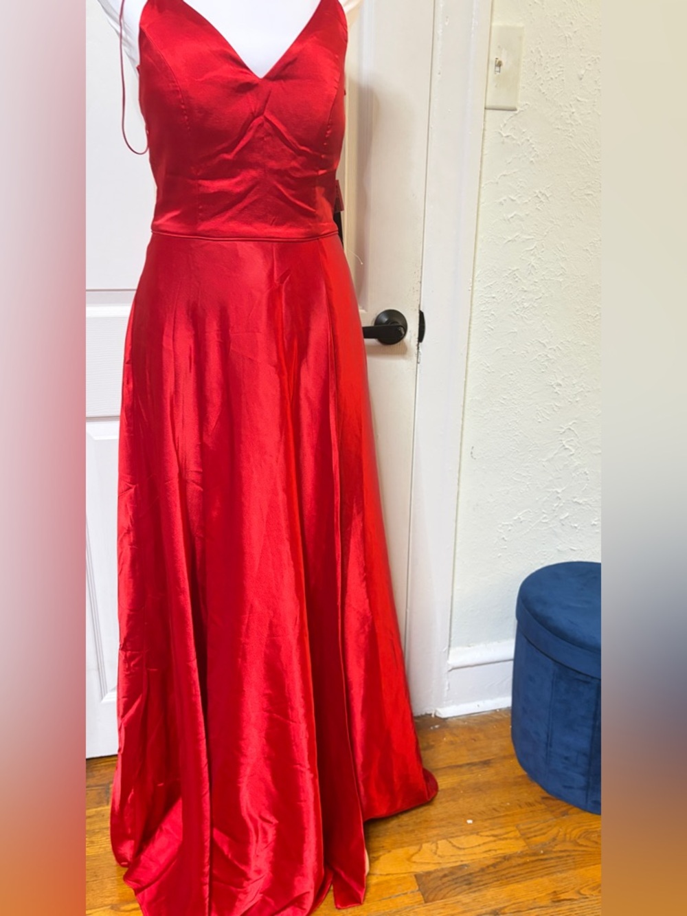 Sequin Hearts Red Satin V-Neck Floor-Length Dress